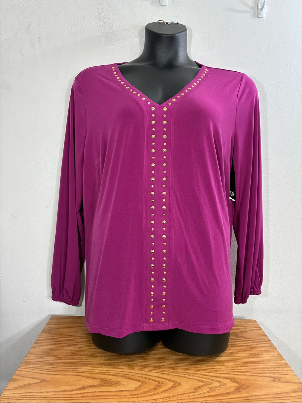 INC International Concepts Fuchsia V-Neck Long-Sleeve Top with Gold Studs